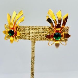 Vintage screw on/clip on earrings ear climbers gold tone floral green rhinestone
